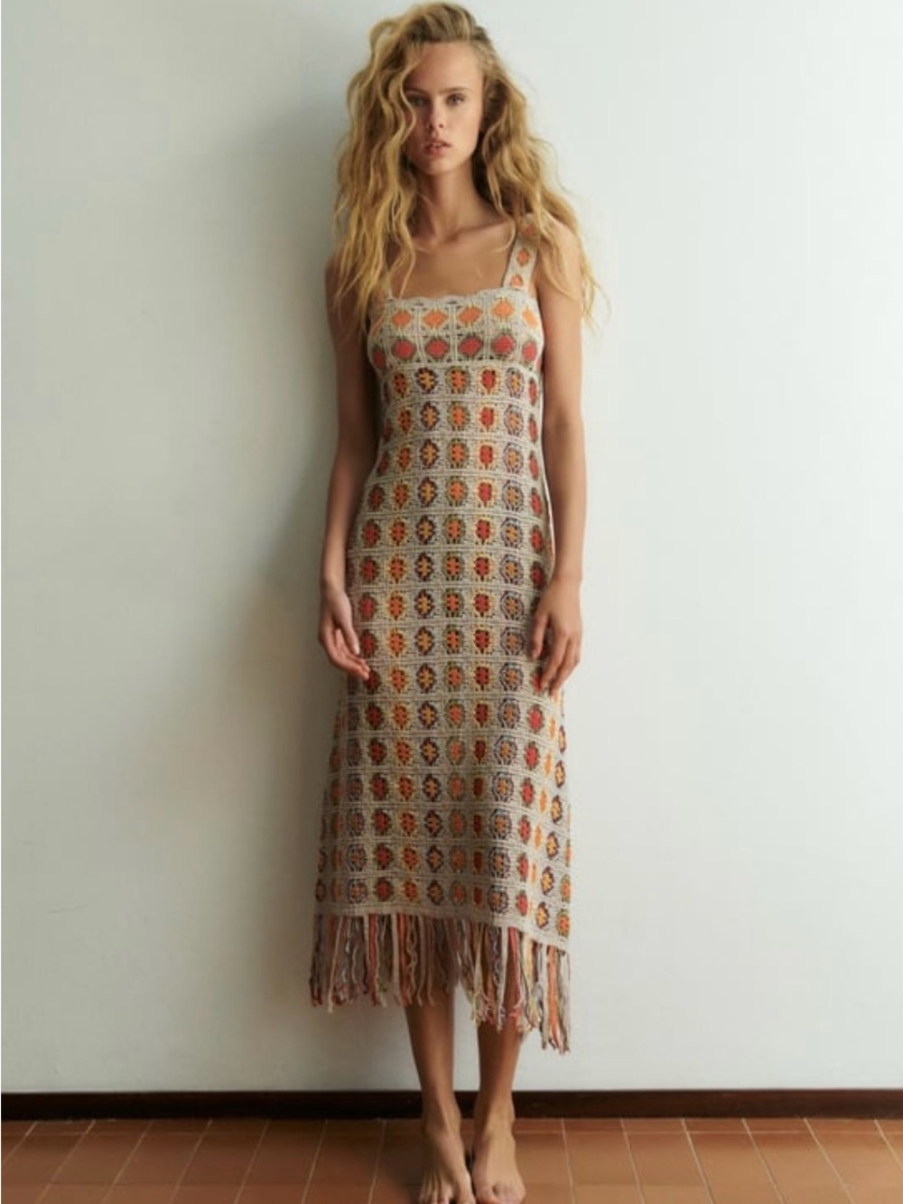 Zara Beige Multicolor Crochet Maxi Dress with Fringe